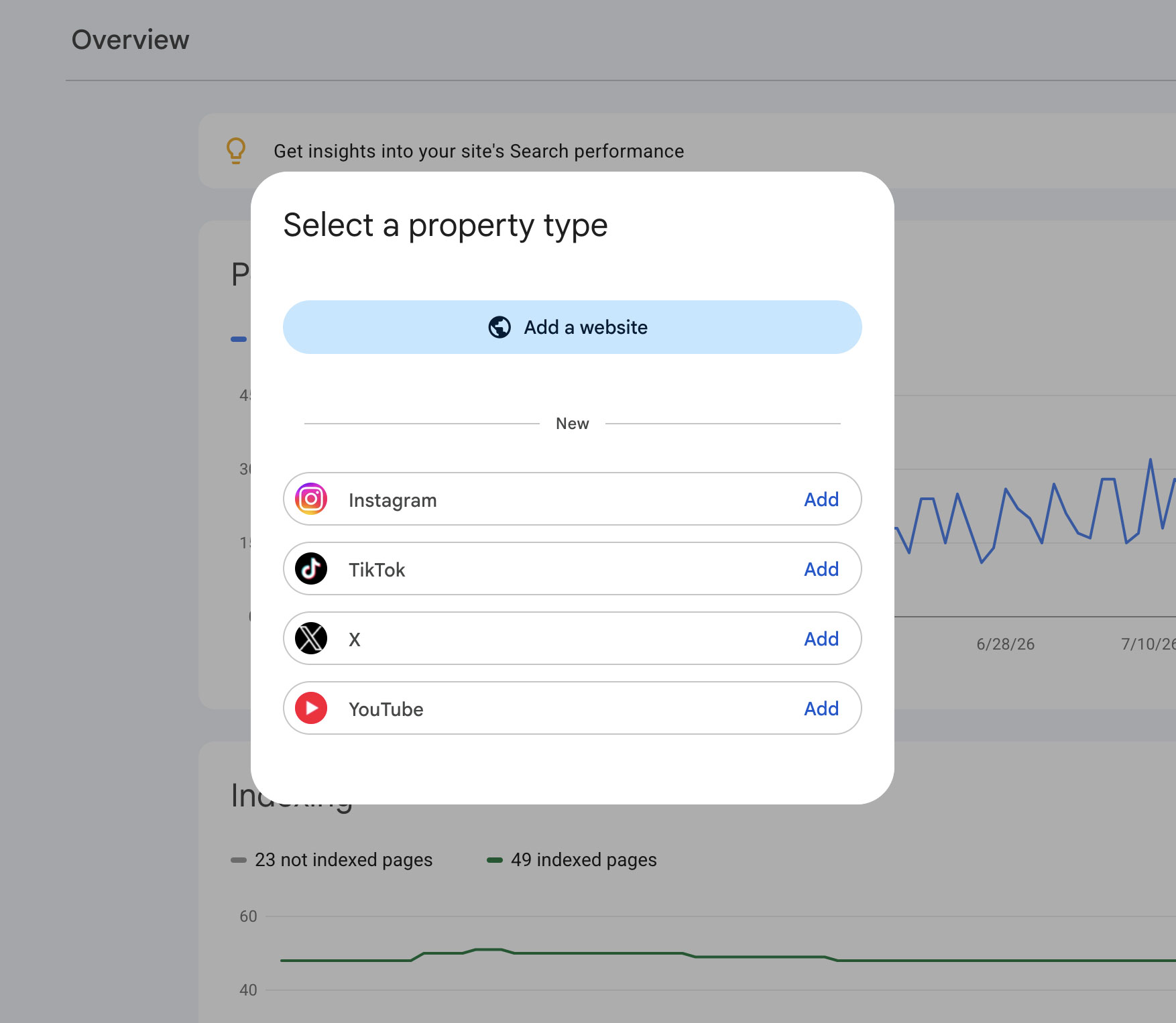 screenshot showing ability to add socials to google search console