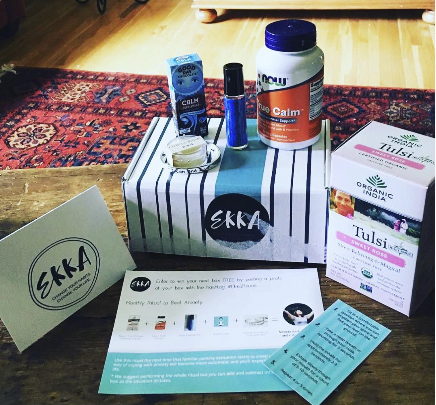 Ekka box laying open with products and info card.