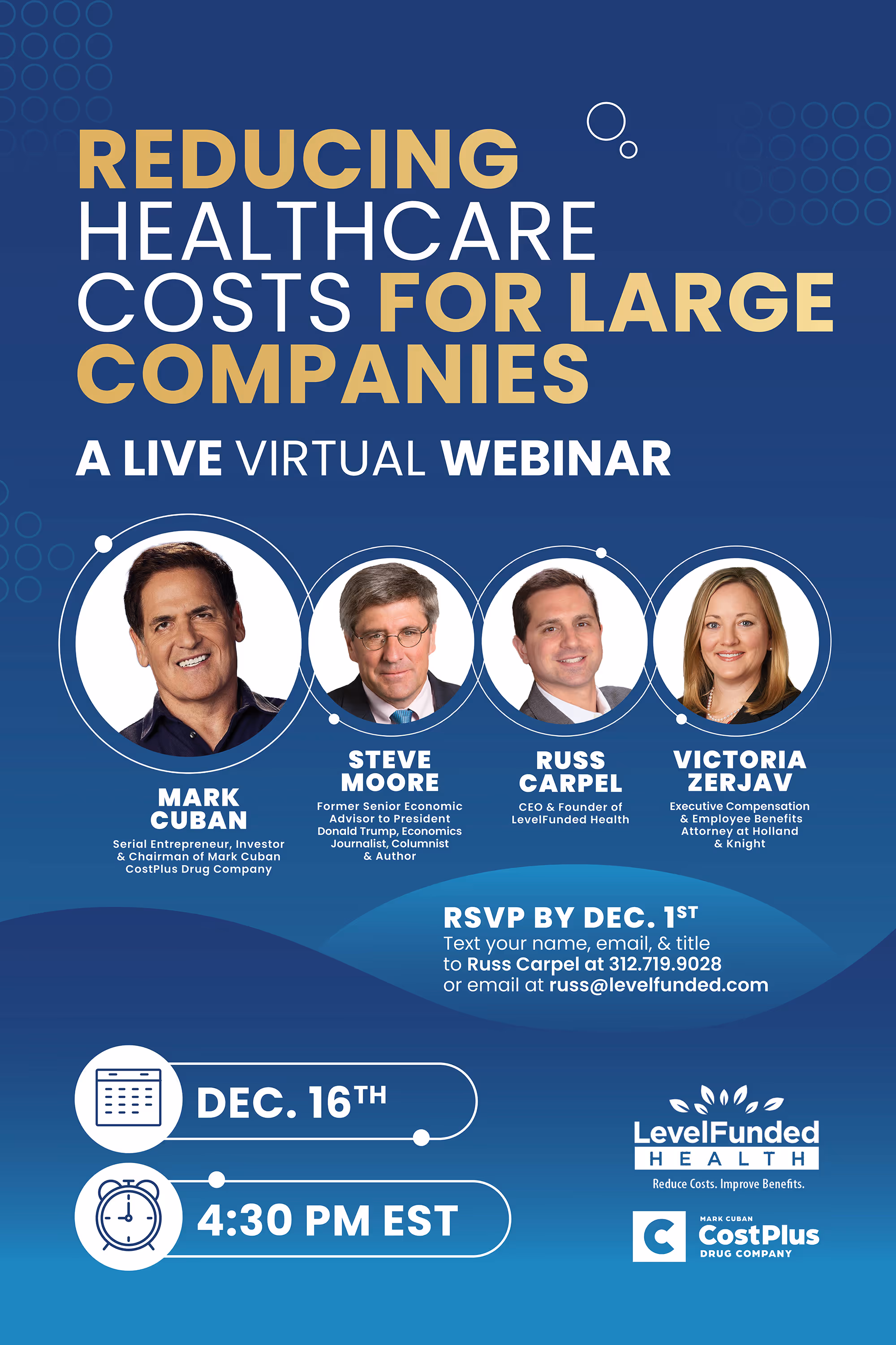 Flyer for webinar featuring Mark Cuban called Reducing Healthcare Costs for Large Companies Webinar live Dec 16 2025