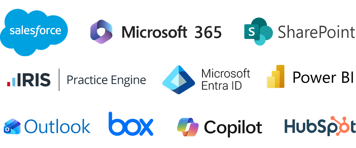 Logos of software tools that integrate with AuditDashboard, including Outlook, Microsoft 365, SharePoint, Entra ID, Salesforce, HubSpot, PowerBI, Box, Google Workspace, Iris, and Co-Pilot.