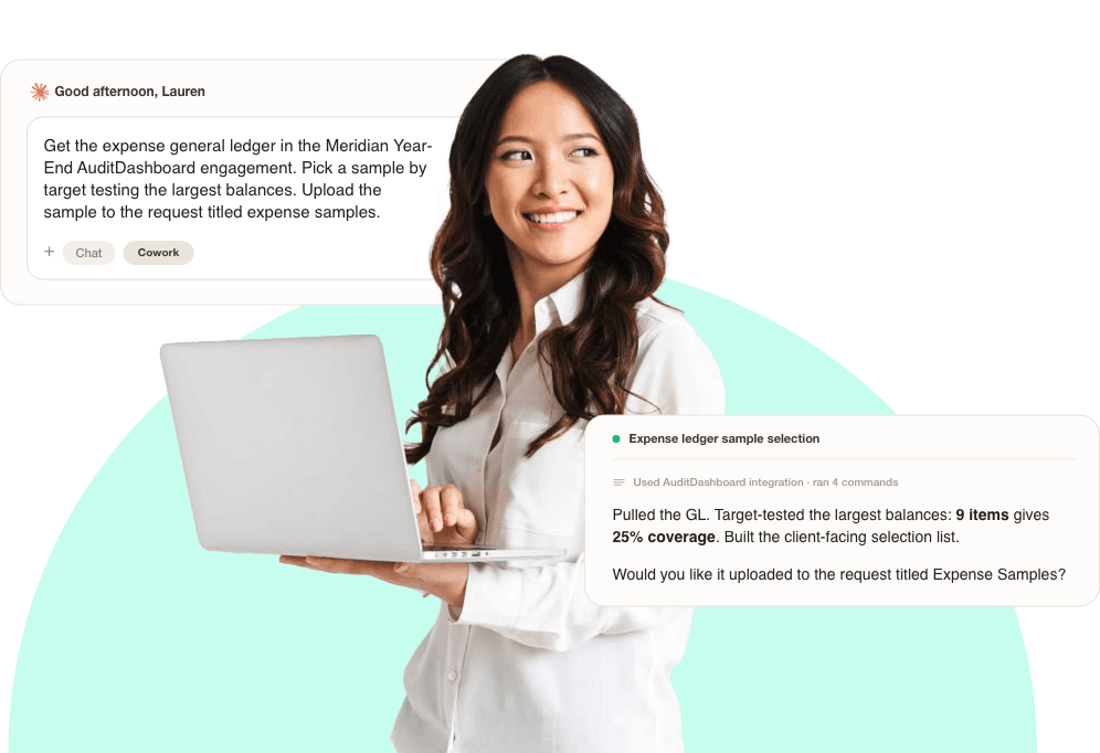 An auditor is holding her laptop and we're seeing how she prompts AI with our AuditDashboard MCP to make her work more efficient.