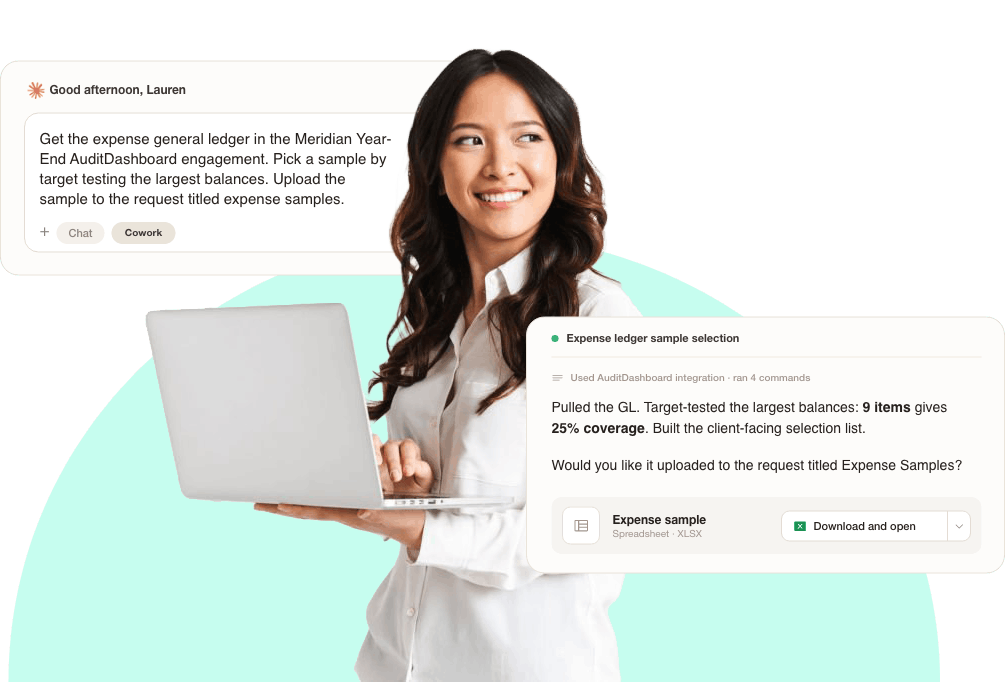 An auditor is holding her laptop and we're seeing how she prompts AI with our AuditDashboard MCP to make her work more efficient.