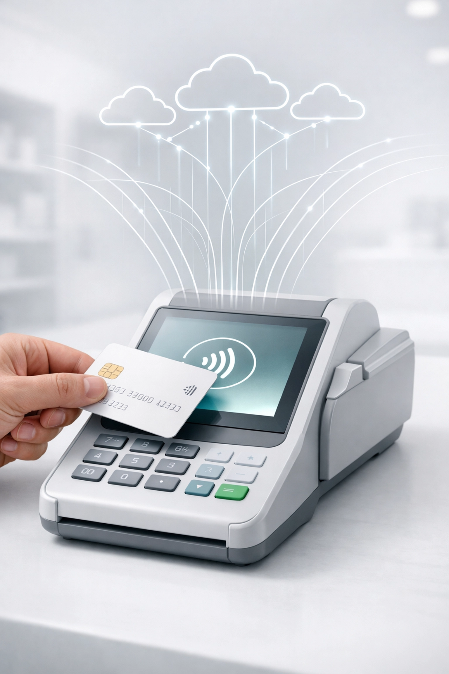 Modern POS terminal syncing card-present transactions with a unified omnichannel payment gateway.