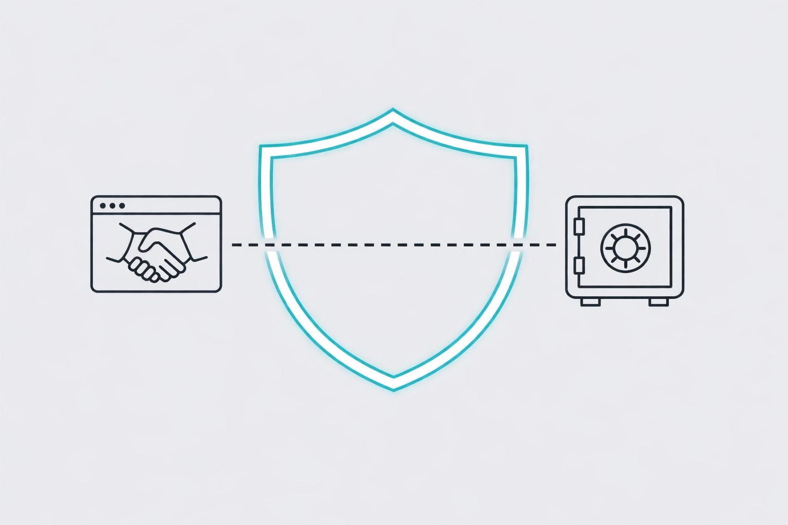Technical graphic showing a secure digital handshake and encrypted data flow to a payment gateway vault.
