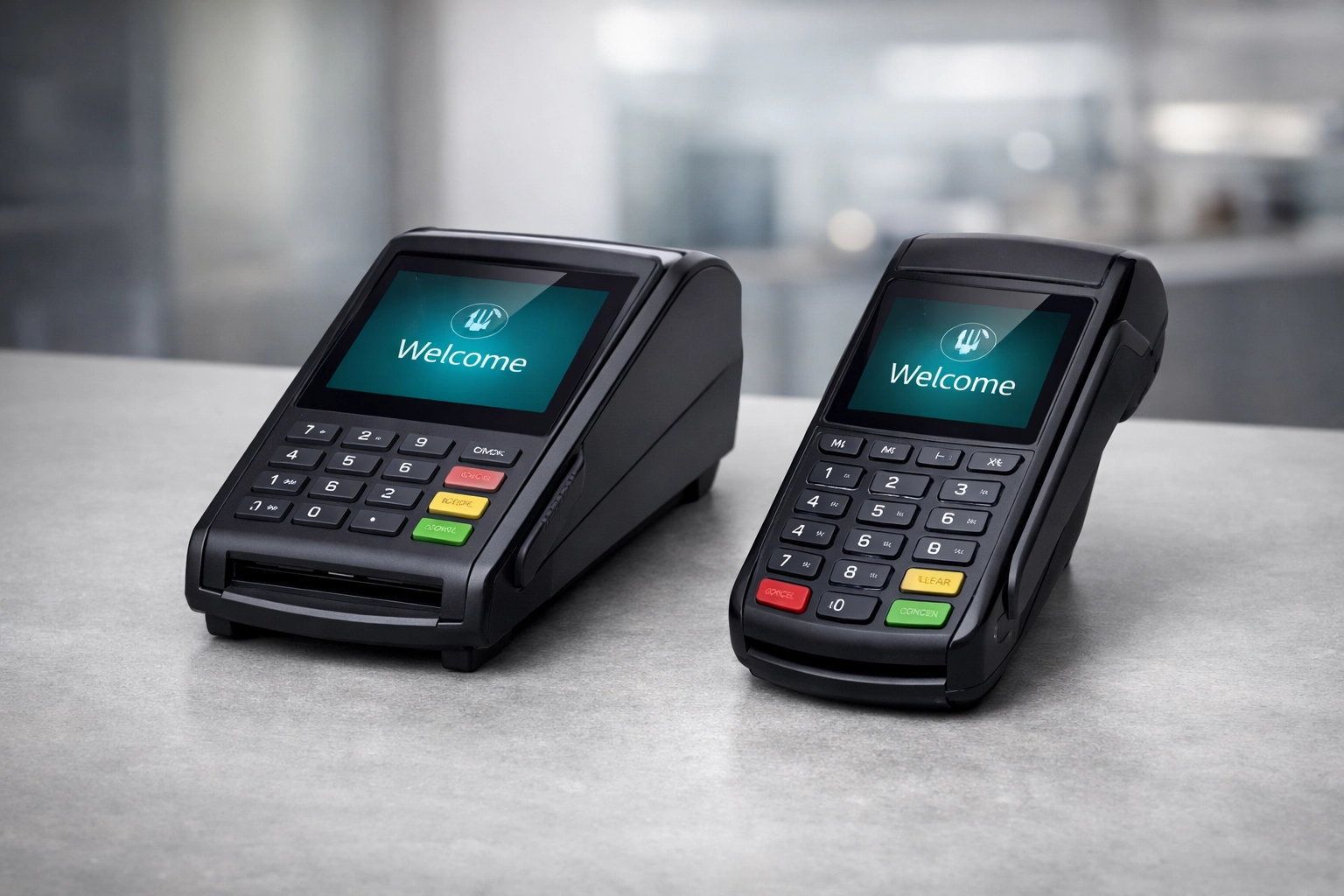 Professional Ingenico Lane 3000 and Move 5000 payment terminals on a clean modern countertop.