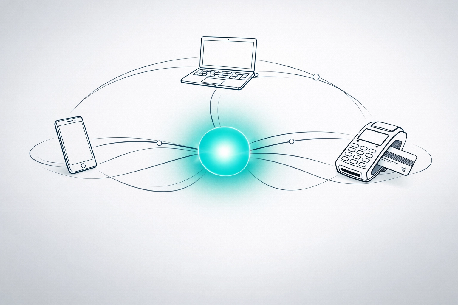 A network diagram illustrating a seamless omnichannel payment integration across web, mobile, and hardware.