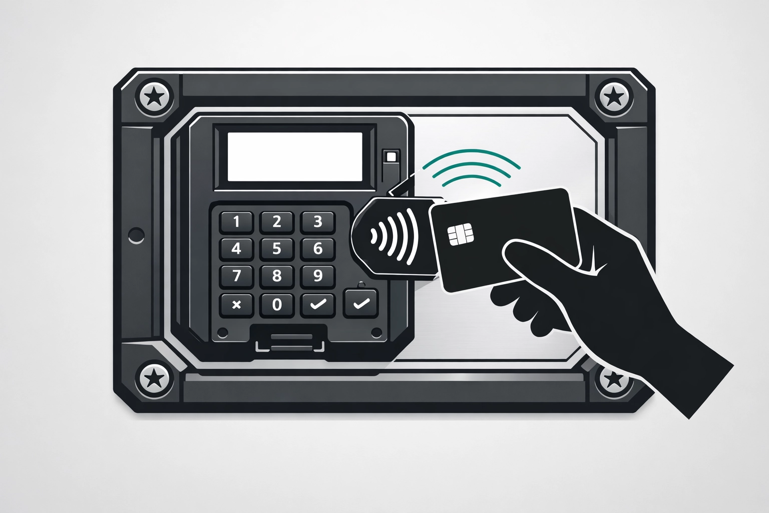 Ruggedized unattended payment terminal performing a contactless EMV transaction on a metal panel.
