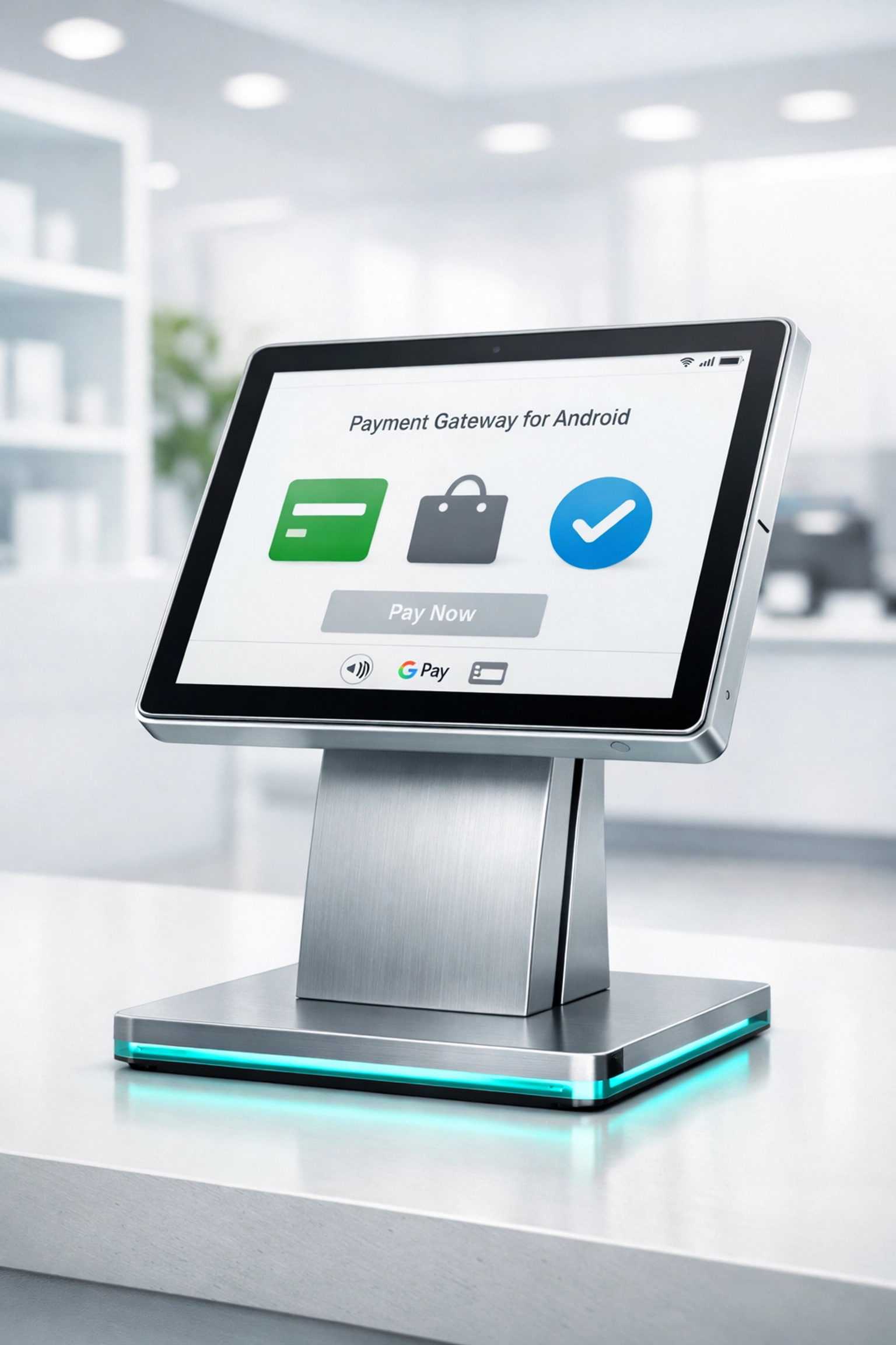 Modern tablet kiosk setup demonstrating a secure payment gateway for android integration.