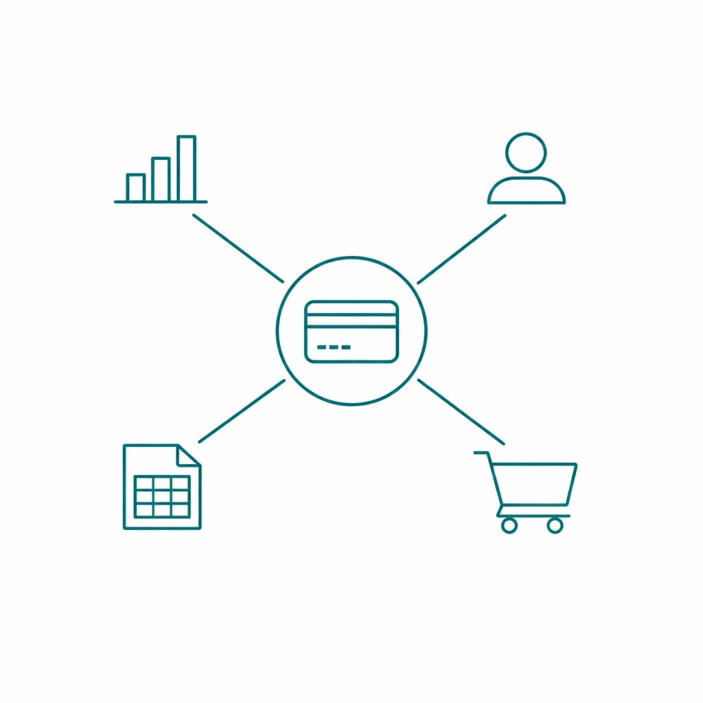 Teal diagram of a payment gateway hub integrating with accounting and CRM software for unified data.