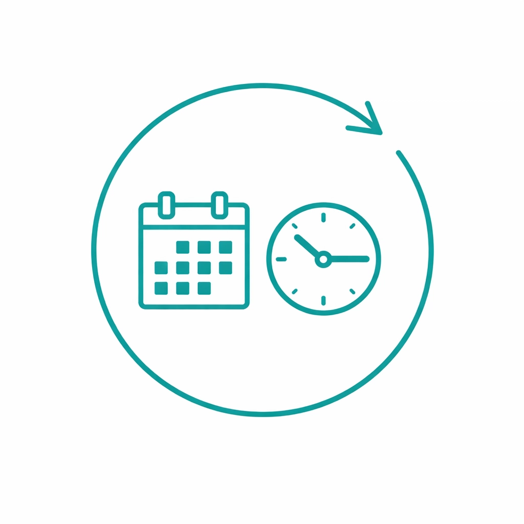 Teal line art depicting a recurring revenue cycle with a calendar icon for automated billing schedules.