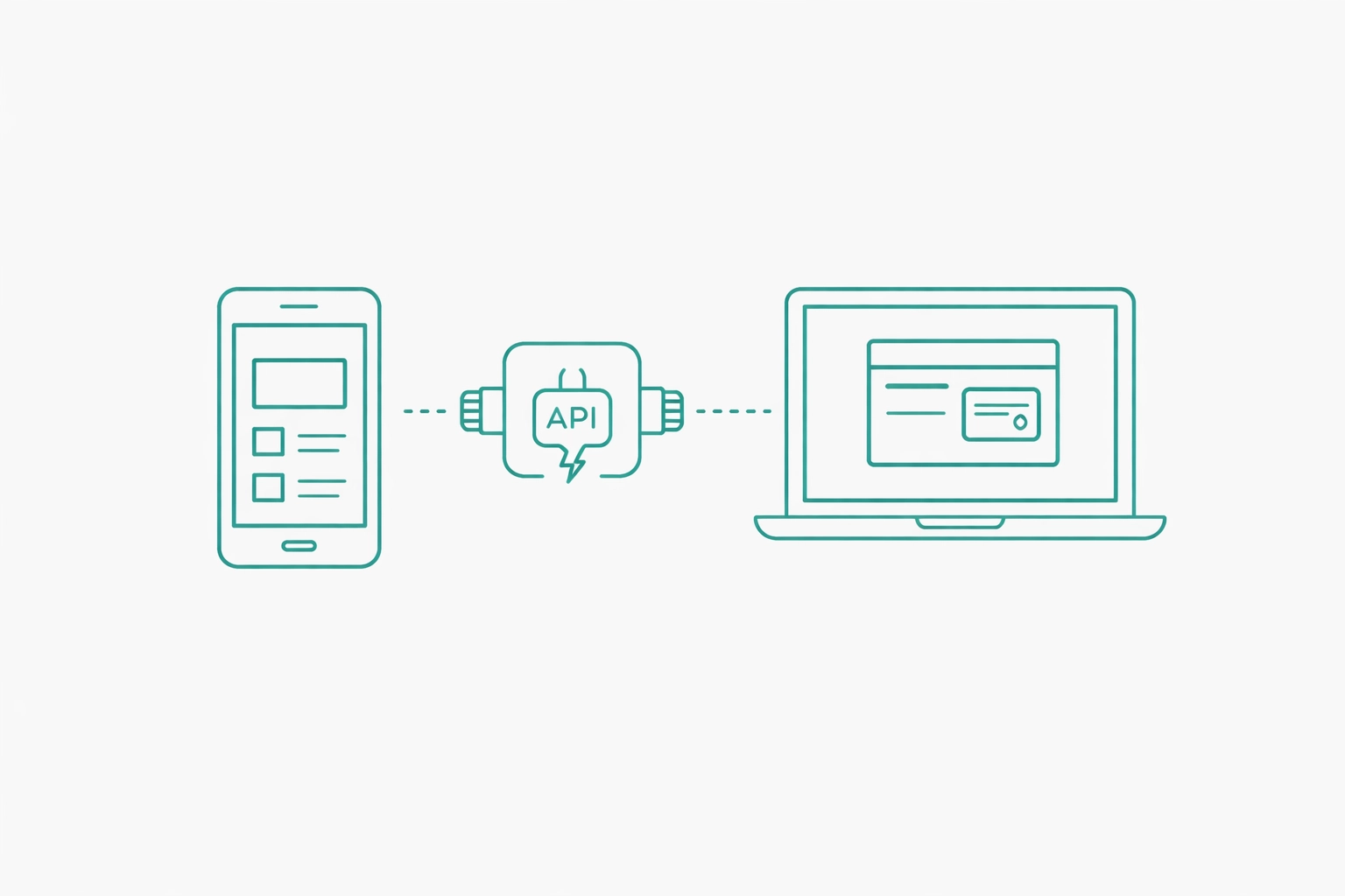 Minimalist teal line art icon of planning a payment gateway integration across web and mobile with API connector on white background
