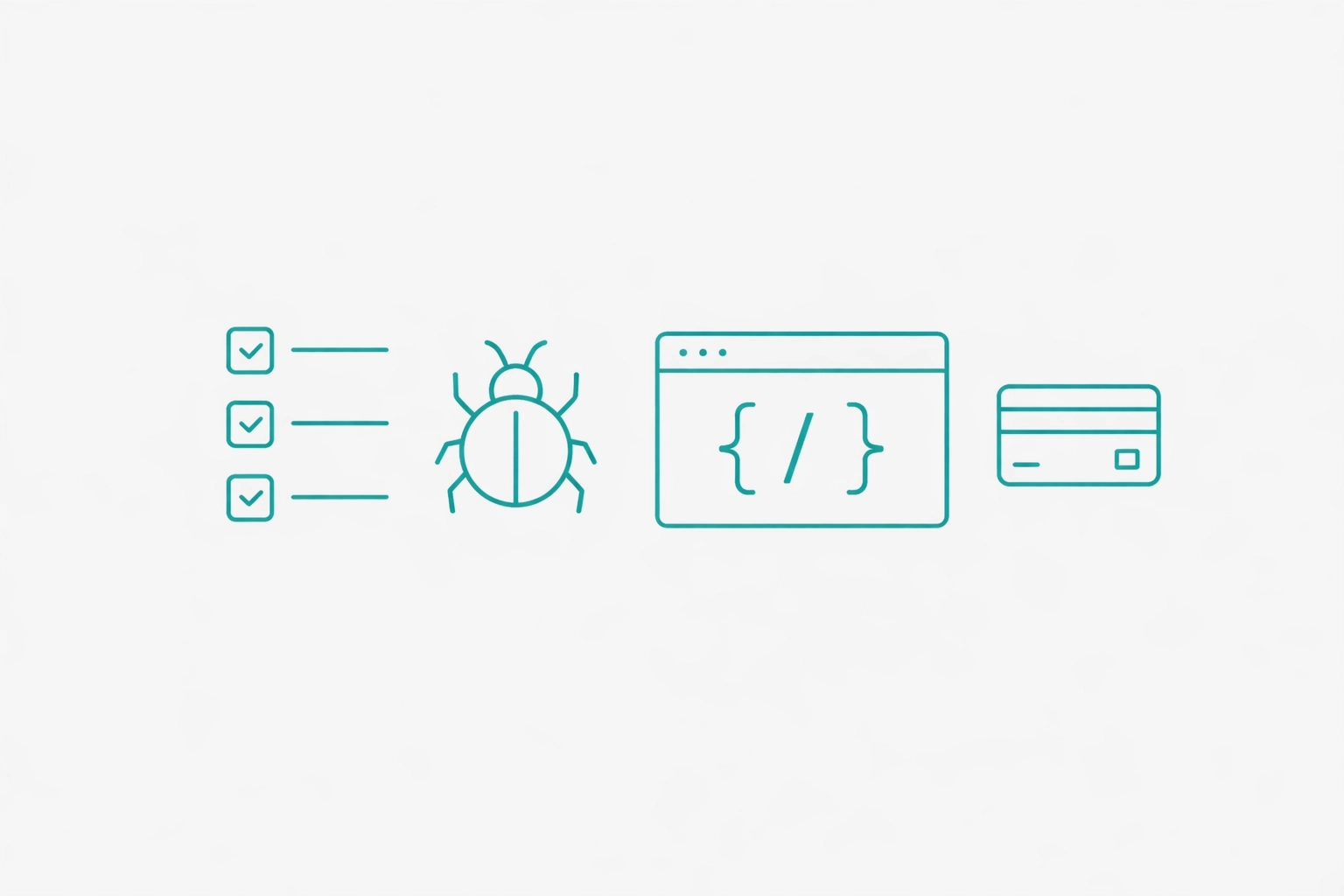 Minimalist teal line art icon showing QA testing for payment gateway integration with checklist, terminal window, and credit card on white background
