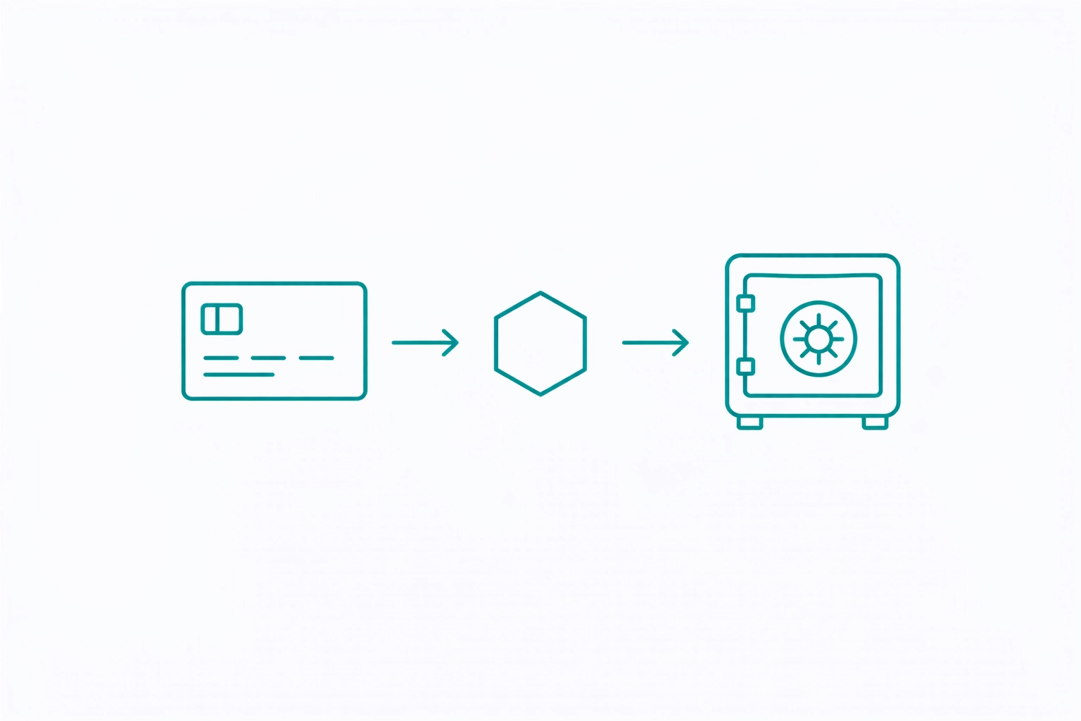 Minimalist teal line art tokenization diagram showing card data converting to a token and stored in a vault for secure payment processing
