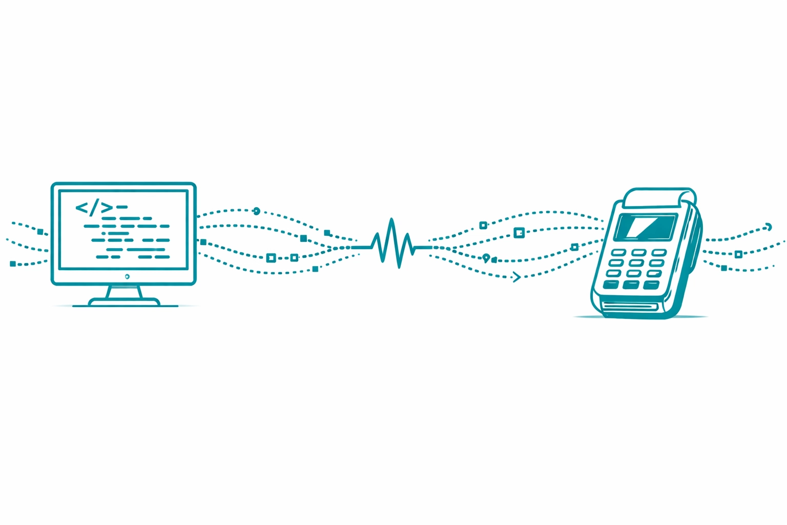 Technical illustration of real-time data flow between developer code and a handheld payment terminal.