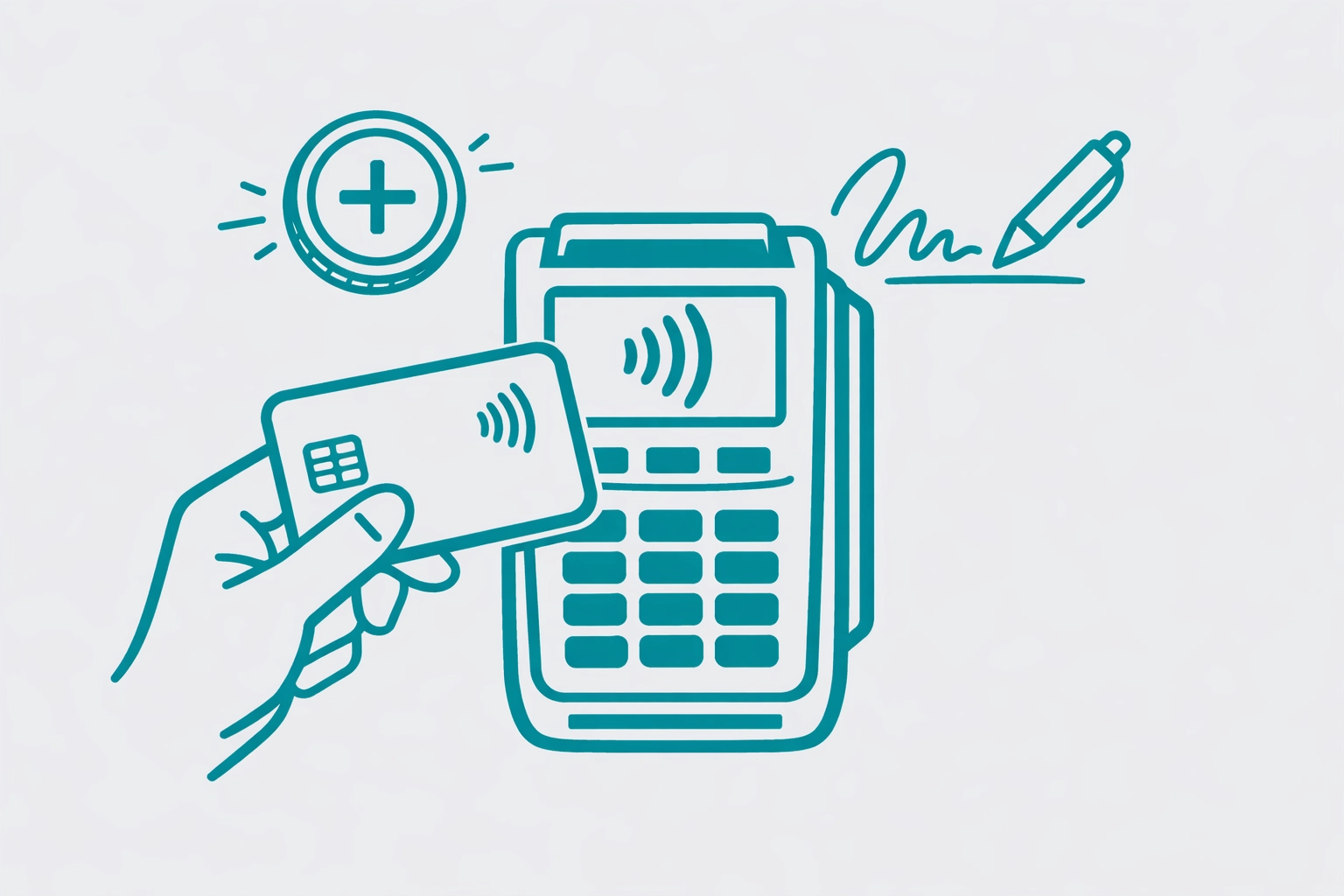Minimalist illustration of a contactless payment with digital signature and gratuity prompt icons.
