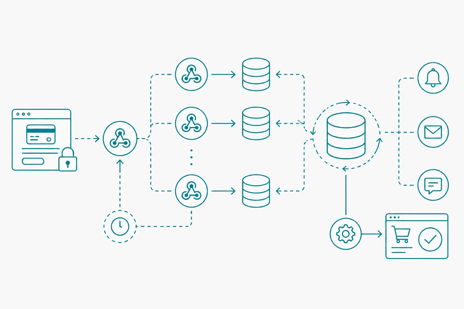 Teal line art diagram showing automated payment webhooks, event retries, and synchronized data integrity for custom business software