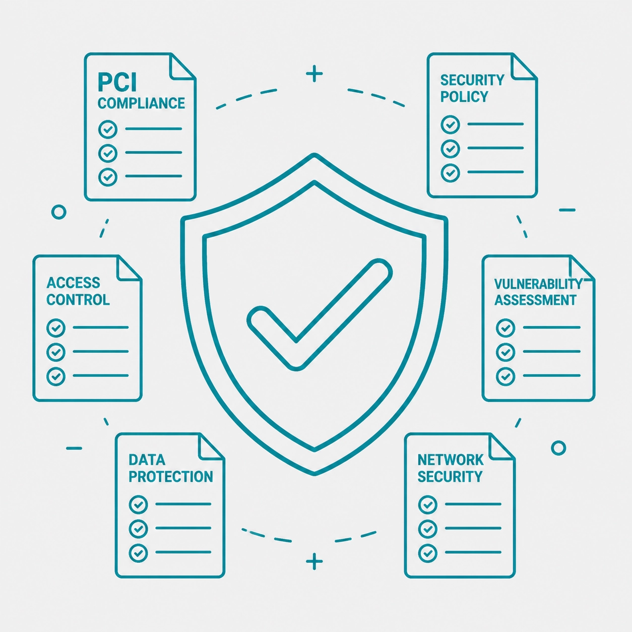 Teal Line Art style image showing a digital security shield and compliance checklist icons, no glow, 16:9 landscape