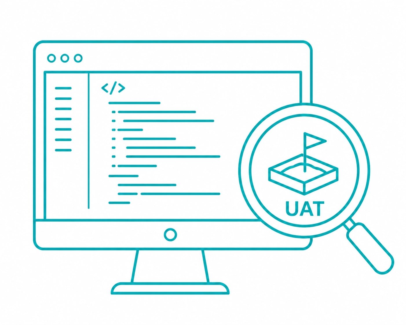 Teal Line Art style image showing a developer workspace with code and testing tools, no glow, 16:9 landscape