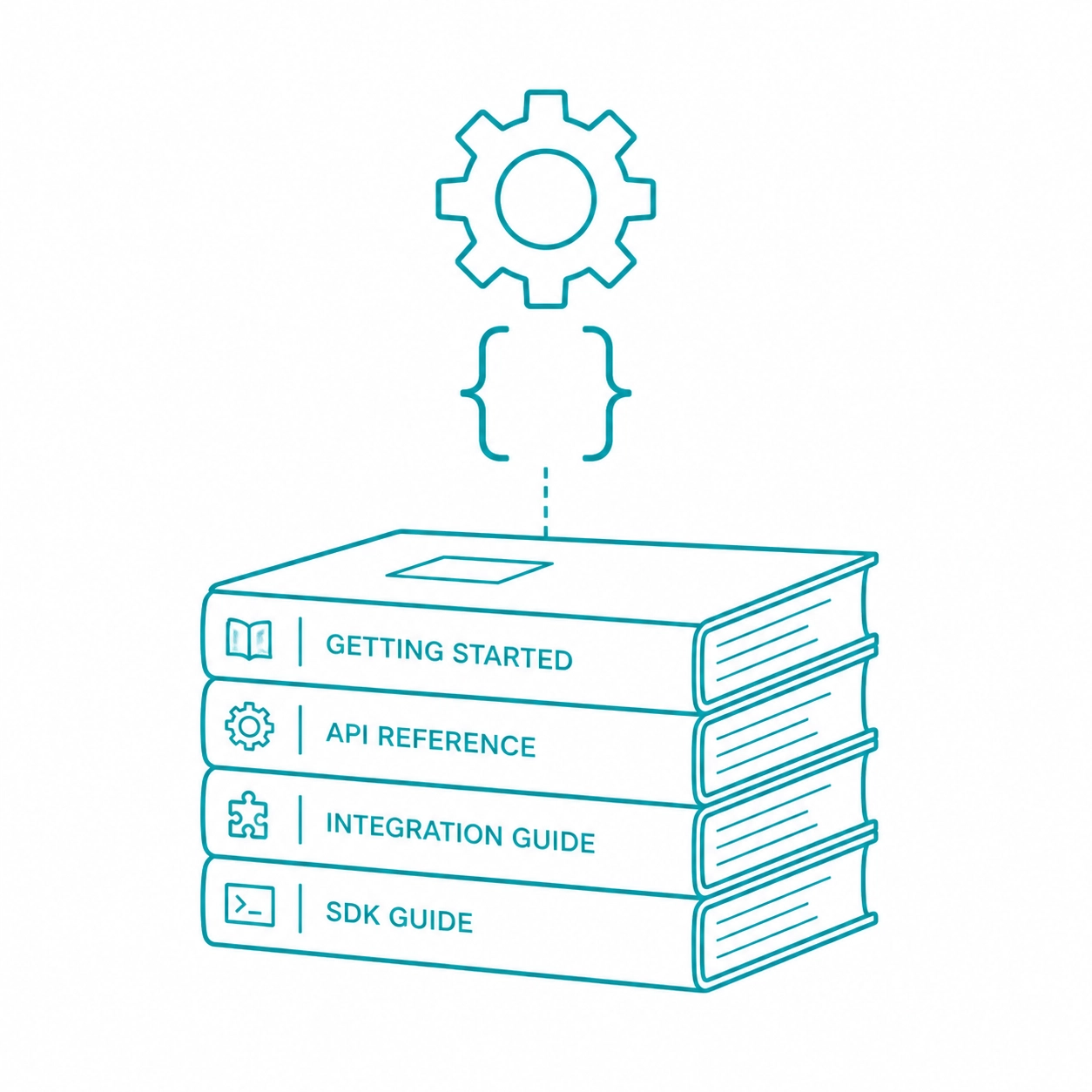 Teal Line Art style image showing a stack of technical documentation and a gear icon, no glow, 16:9 landscape