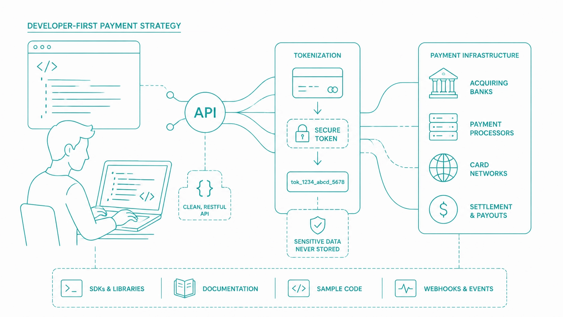 Teal line art illustration of developer-first payment API connections tokenization and software infrastructure