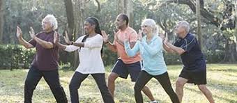 Group of five diverse seniors practicing Tai Chi outdoors in a park.