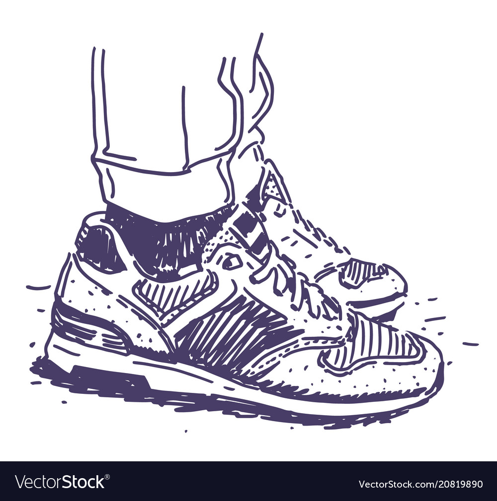 Sketch of feet wearing sneakers and rolled-up pants on a white background.