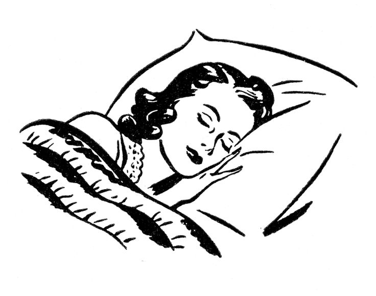 Black and white illustration of a woman peacefully sleeping on a pillow, covered with a blanket.
