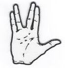 Black and white sketch of a hand making the Vulcan salute with fingers separated between middle and ring fingers.