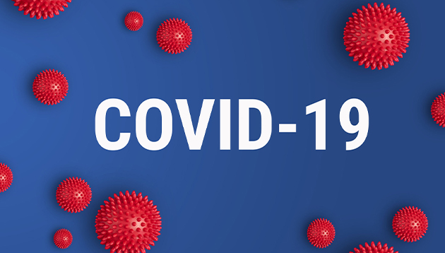 White text 'COVID-19' on blue background surrounded by red coronavirus particles.