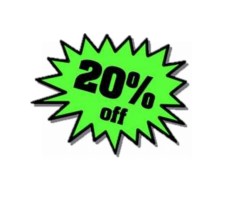 Green starburst graphic with black text reading '20% off'.