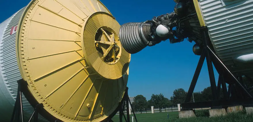 The Saturn V moon rocket is on display at the Johnson Space Center in Houston, Texas, on a bright spring morning.