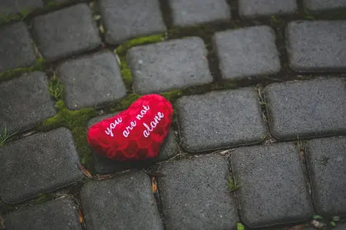 a heart shaped pillow that reads you are not alone on a stone patio