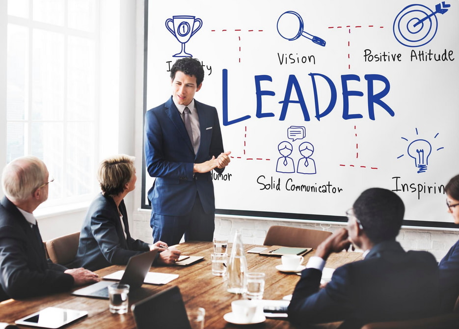 A man in a suit stands by a whiteboard displaying the word "leader," emphasizing leadership concepts. 