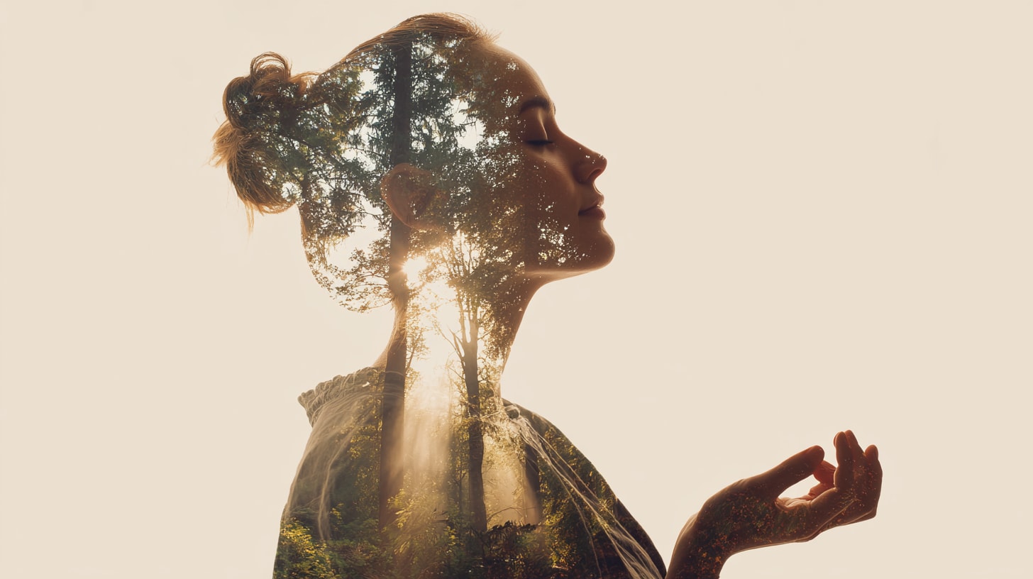 A woman raises her hands in celebration, with a lush green tree standing tall in the background.