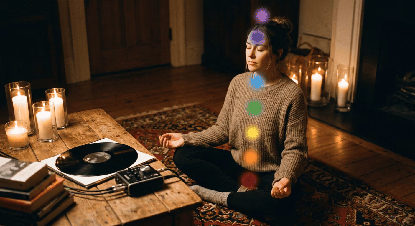 A woman meditating with seven chakra energy centers glowing along her body, a record and audio interface nearby — representing the connection between music and chakra healing.