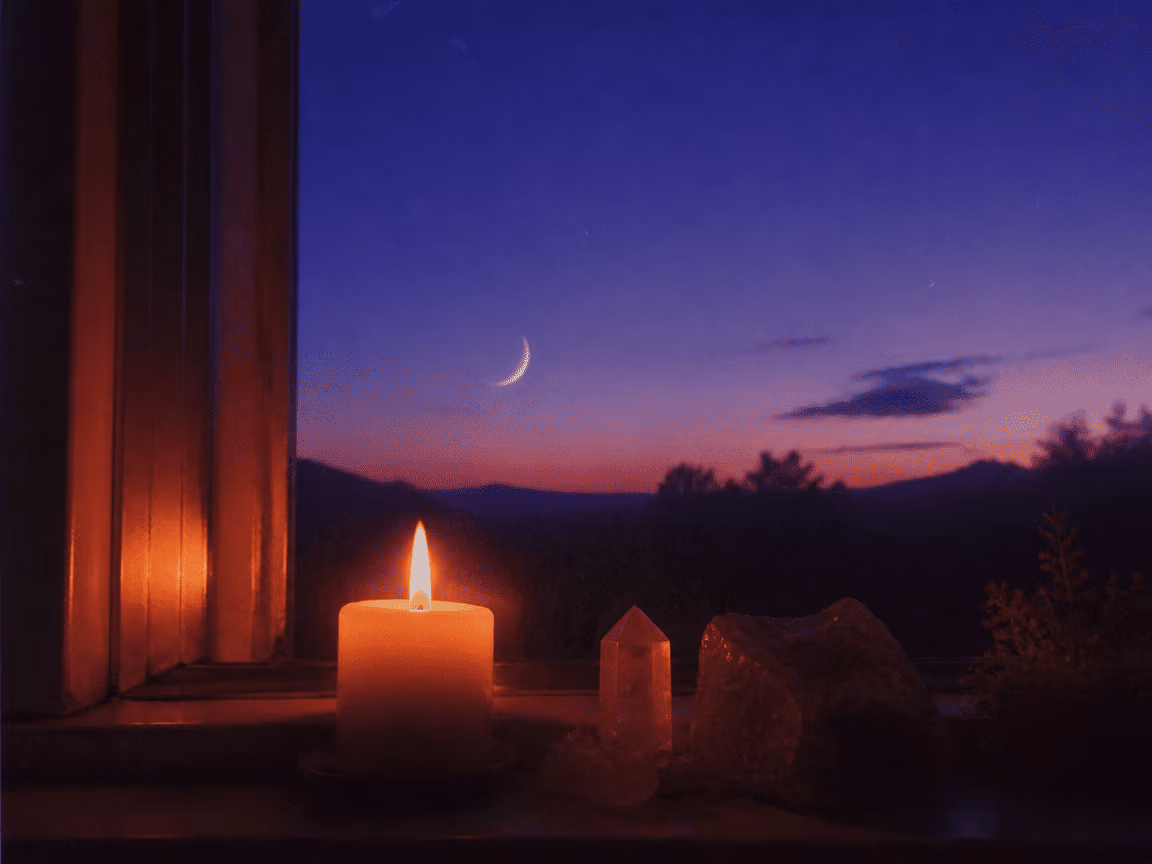 A waxing crescent moon in a twilight sky with a candle and crystals on a windowsill — representing the waxing moon ritual practice of building intentions toward the full moon.
