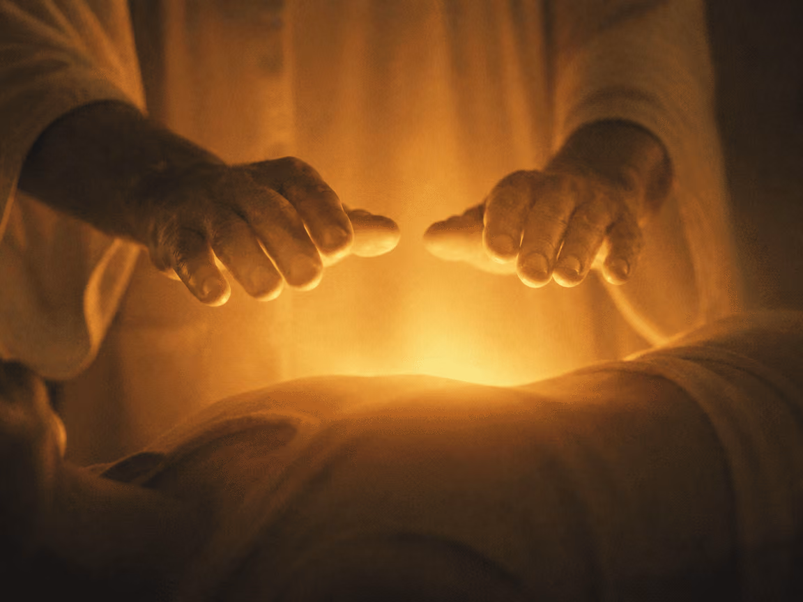 A reiki practitioner's hands held above a recipient — representing the flow of universal life force energy in a reiki healing session.