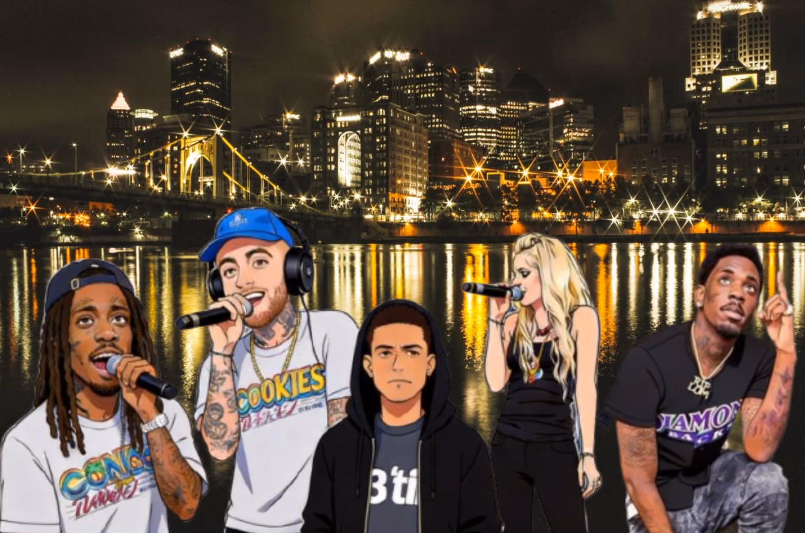 Caricatures of Pittsburgh rappers Wiz Khalifa, Mac Miller, Beedie, Kellee Maize, and Jimmy Wopo in front of a black and yellow photo of the Pittsburgh skyline