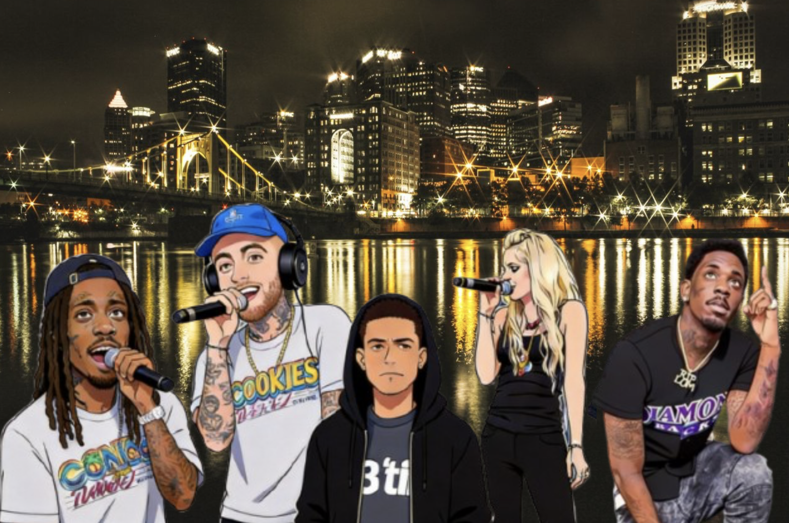Caricatures of Pittsburgh rappers Wiz Khalifa, Mac Miller, Beedie, Kellee Maize, and Jimmy Wopo in front of a black and yellow photo of the Pittsburgh skyline