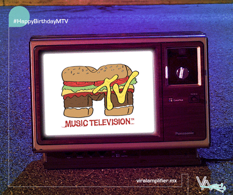 gif showing different variations of the MTV logo flashing on a 1980s style television