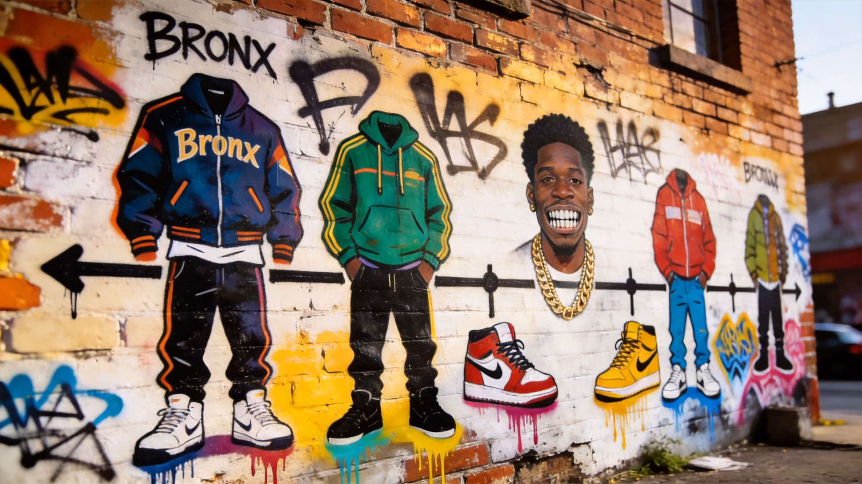 A graffiti mural wall representing the visual culture and aesthetics of hip-hop — from the art form's origins in the Bronx to its influence on global fashion and culture.