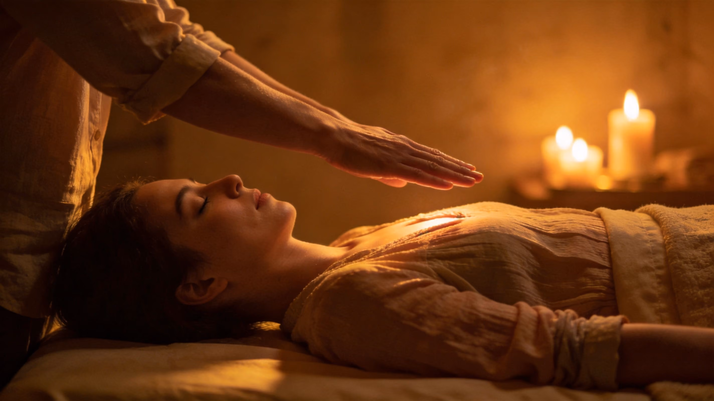 Reiki practitioner's hands hovering over a woman during her first reiki session in a relaxing, candle-lit space that evokes feelings of safety and meditation