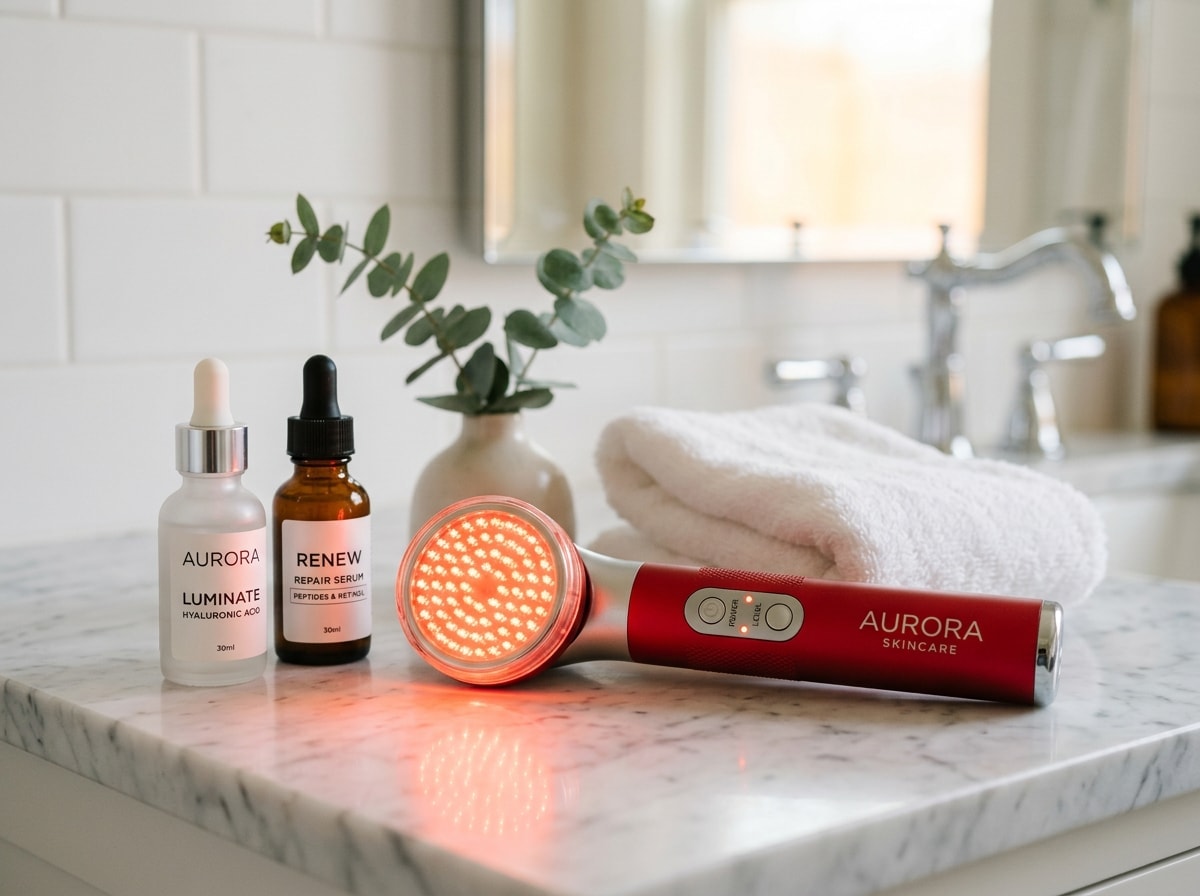 A red hair dryer, a bottle of hair oil, and a white towel arranged on a countertop.