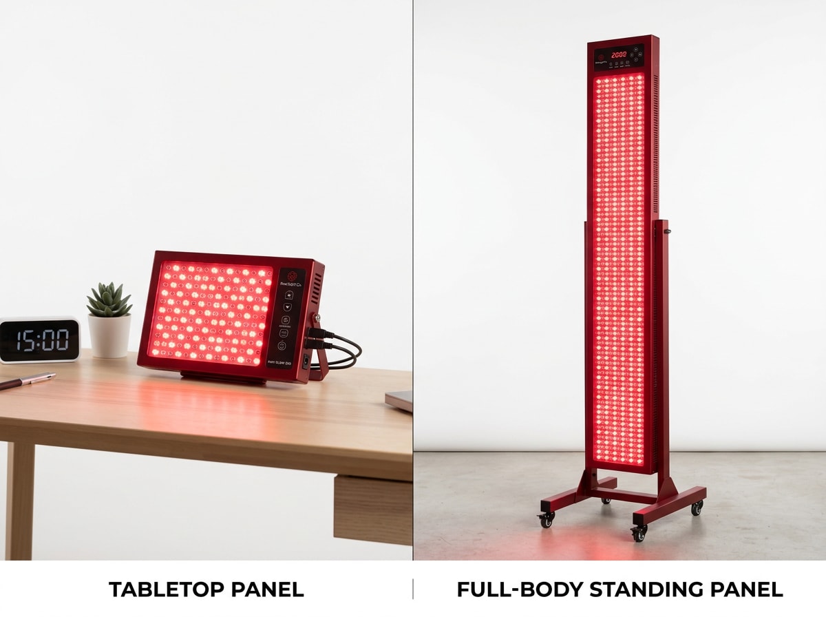 A red light illuminates a table and desk, casting a warm glow across the surface.