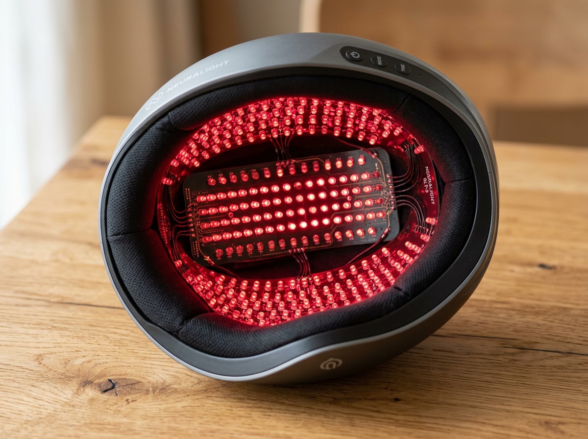 A red light atop a black and red illuminated ball, creating a striking visual contrast.