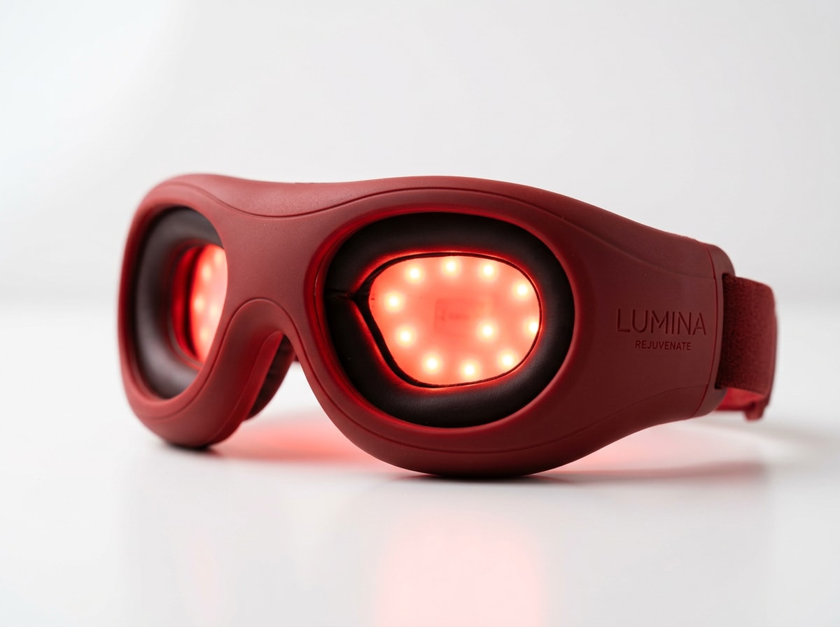 A pair of red goggles featuring integrated red LED lights, designed for enhanced visibility and style.