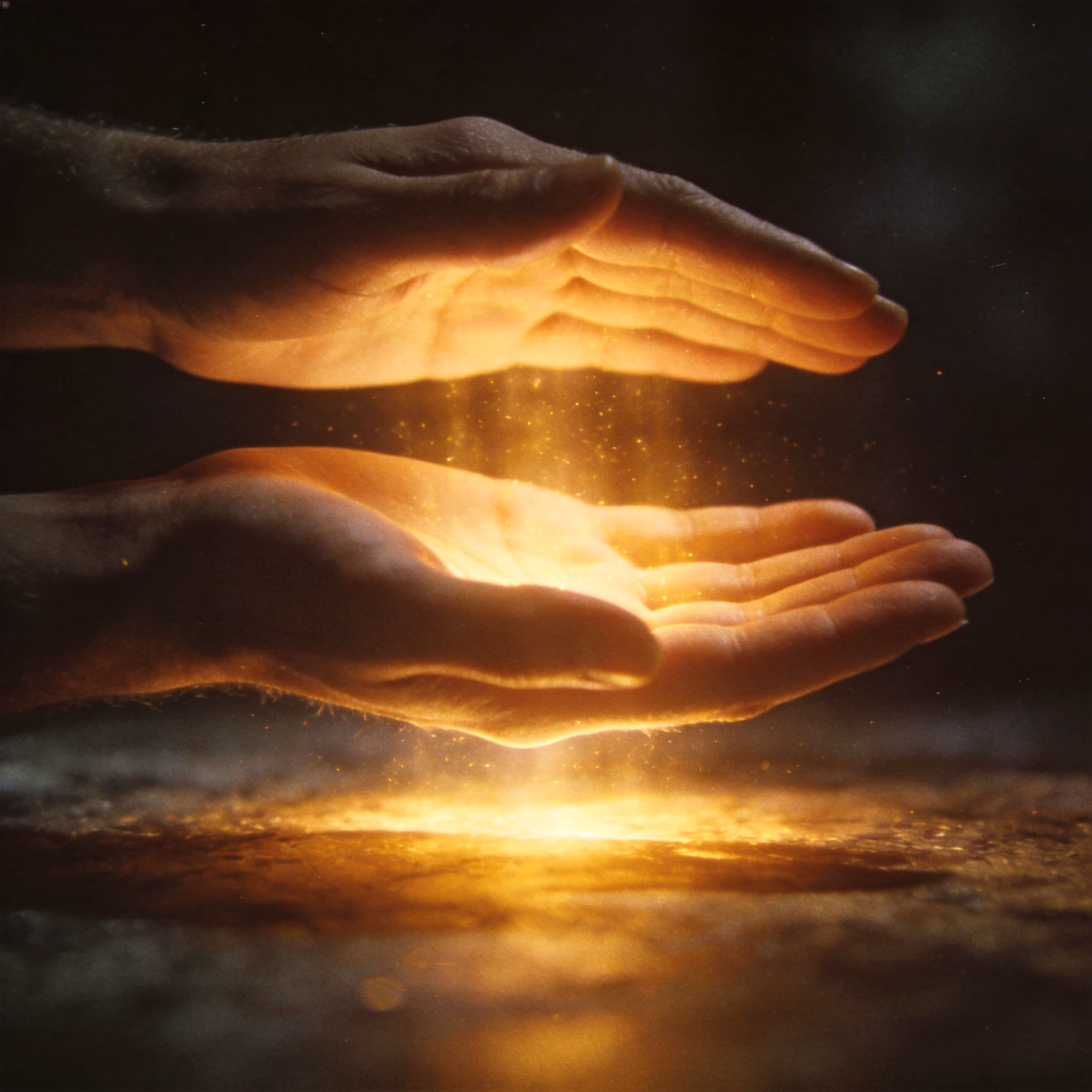 Hands hovering with warm light between them — representing the energy field at the heart of how reiki works, at the intersection of biofield science and healing practice.