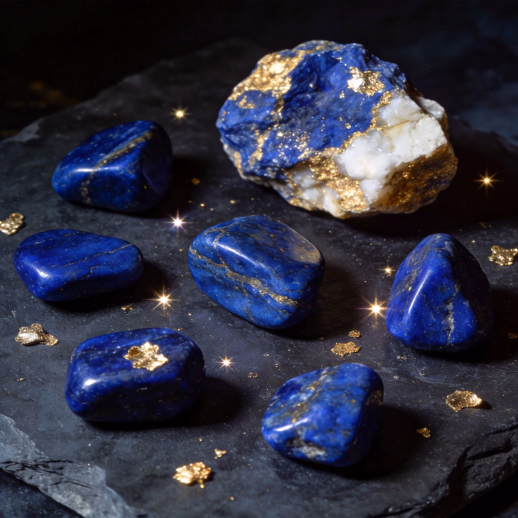 Raw and tumbled lapis lazuli stones showing deep blue color with gold pyrite flecks — representing the stone of truth, wisdom, and third eye activation used in spiritual practice.