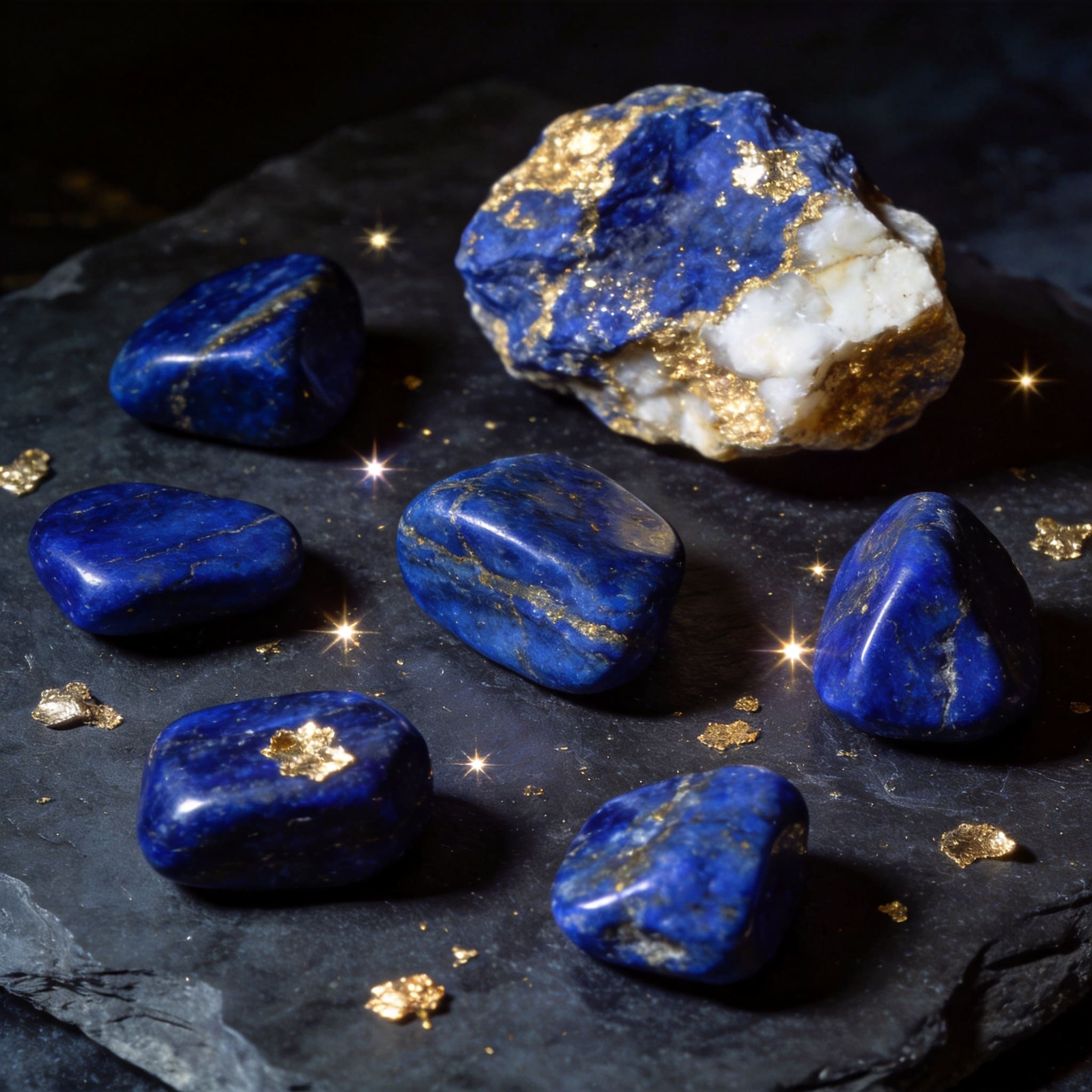Raw and tumbled lapis lazuli stones showing deep blue color with gold pyrite flecks — representing the stone of truth, wisdom, and third eye activation used in spiritual practice.