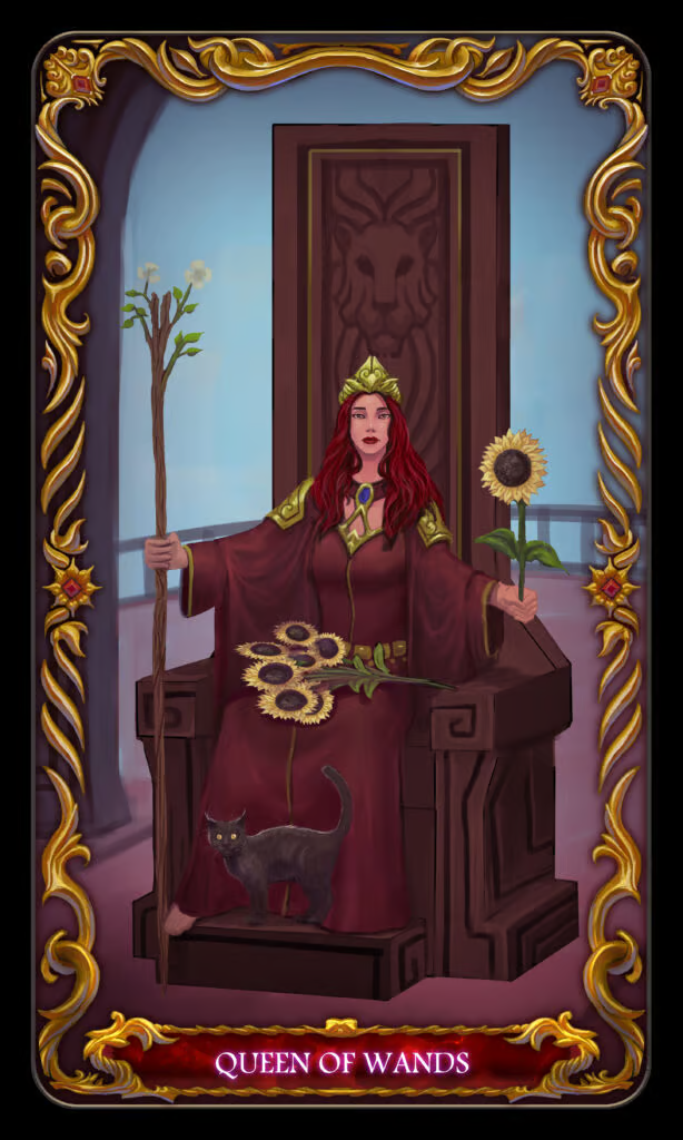 tarot card featuring the queen of wands